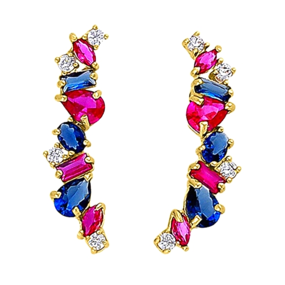 Solid 14K Yellow Gold Stone Medley Blue Sapphire, Ruby, & Clear CZ Earrings - Picture 1 of 3